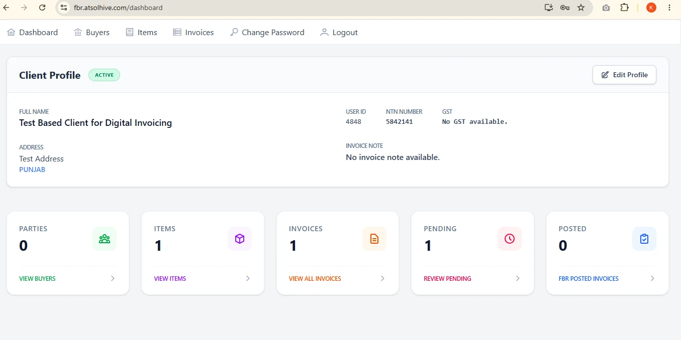 FBR Invoice Atsolhive dashboard on fbr.atsolhive.com showing client profile and invoice summary