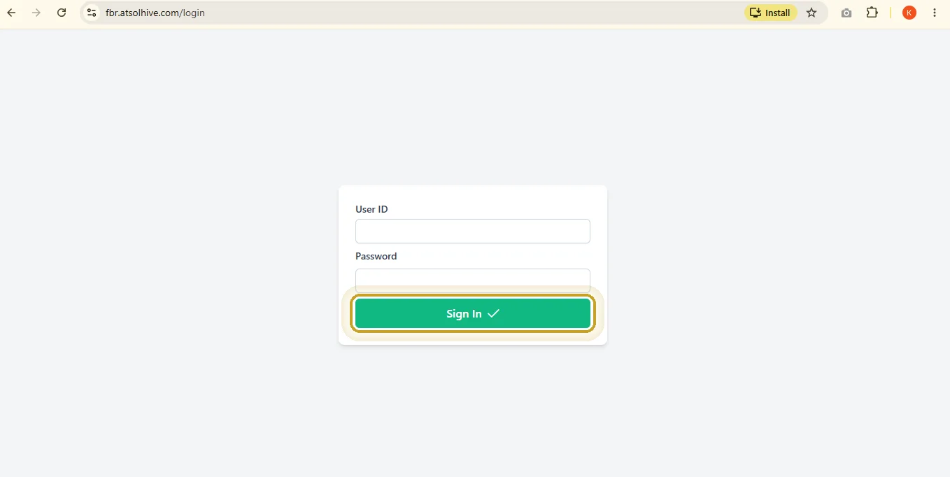 FBR Invoice Atsolhive login page with User ID, Password fields and Sign In button highlighted