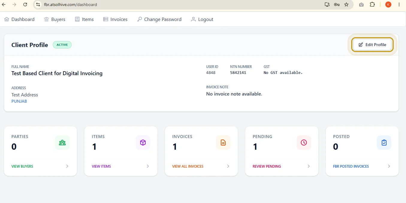 FBR Invoice Atsolhive dashboard showing client profile and invoice summary cards