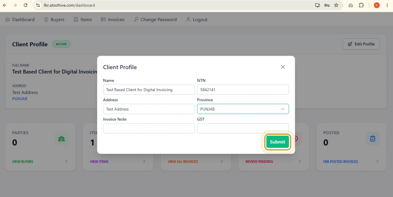 Edit Profile form with Name, NTN, Address, Province, Invoice Note and GST fields, Submit button highlighted