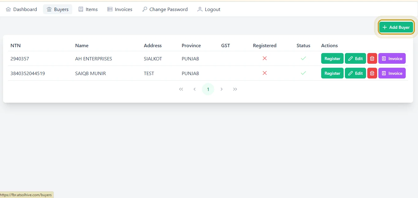 Buyers list with NTN, Name, Address, Province, GST, and action buttons, Add Buyer button highlighted