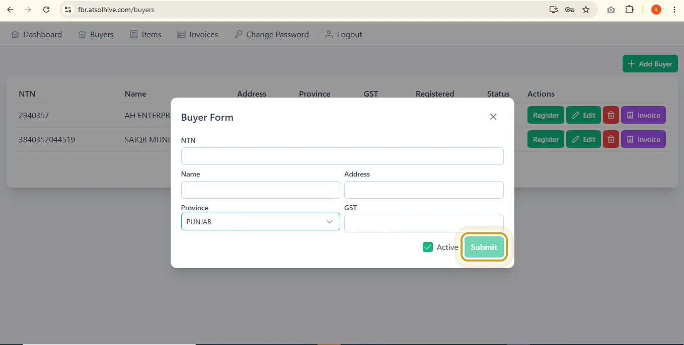 Add Buyer form with NTN, Name, Address, Province, GST fields, Submit button highlighted