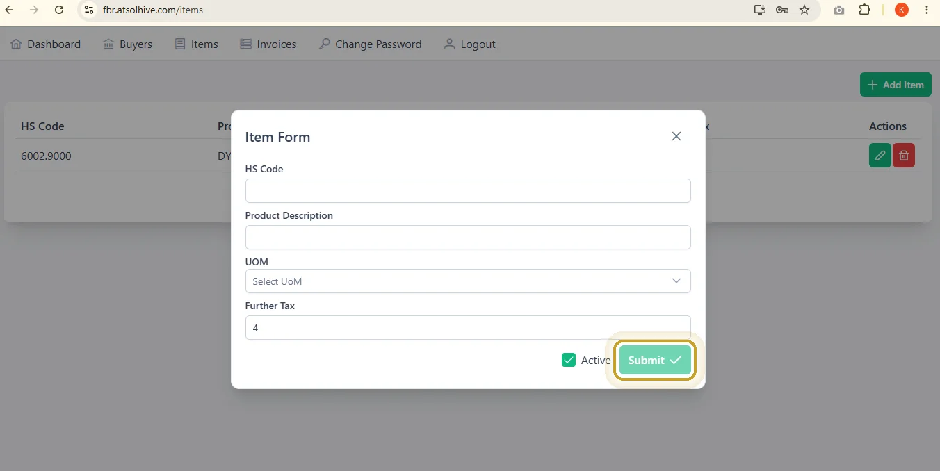 Add Item form with HS Code, Product Description, UOM, Further Tax fields, Submit button highlighted