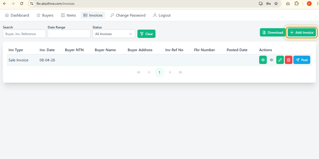 Invoices list with search, date range and status filters, Add Invoice button highlighted