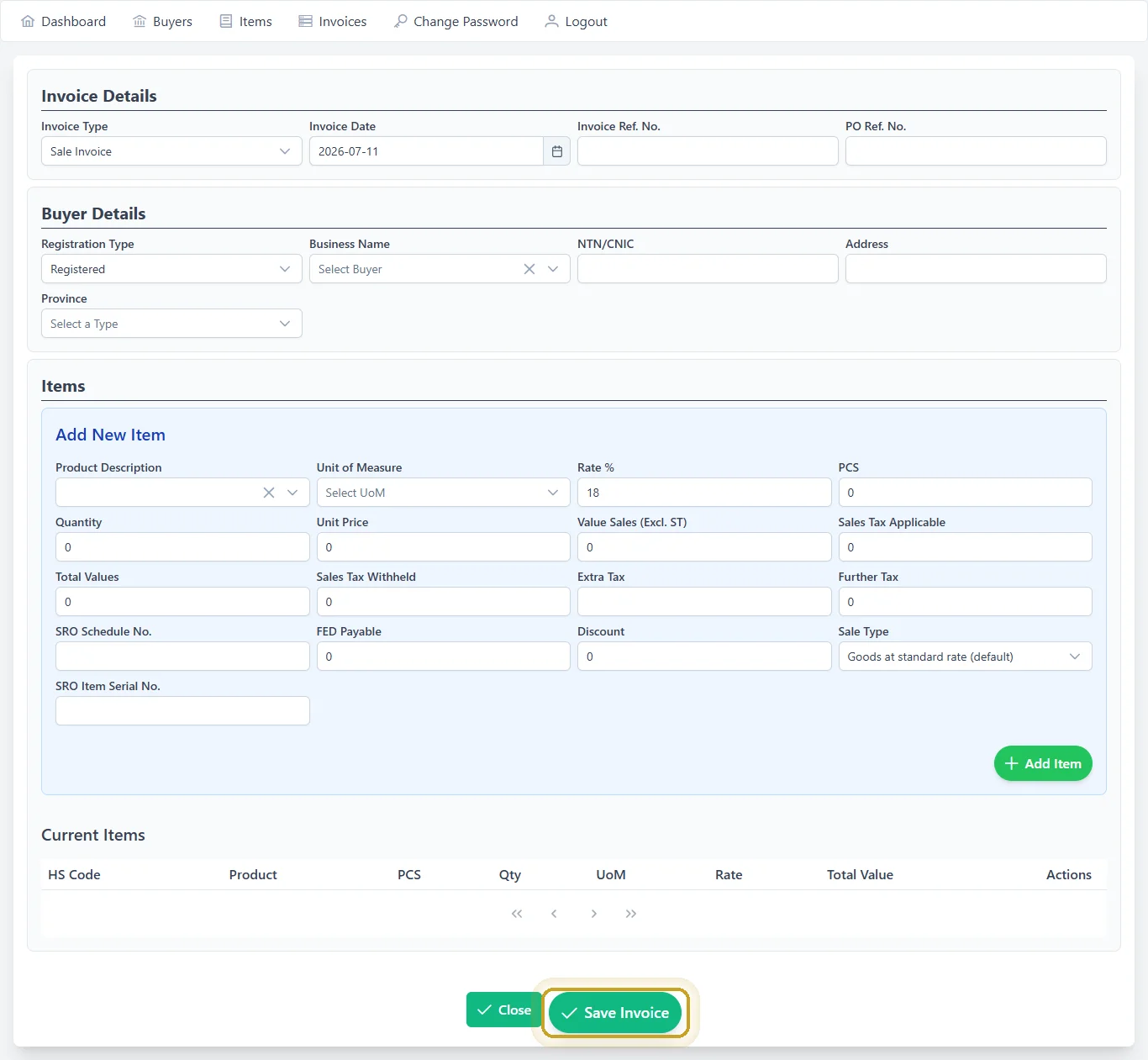 Add Invoice form with Invoice Details, Buyer Details, and Items sections, Save Invoice button highlighted
